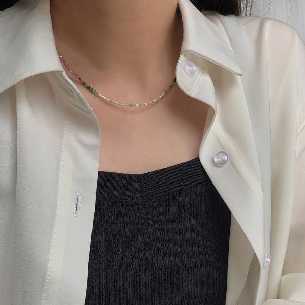 925純銀 天然碧璽碎銀項鍊 