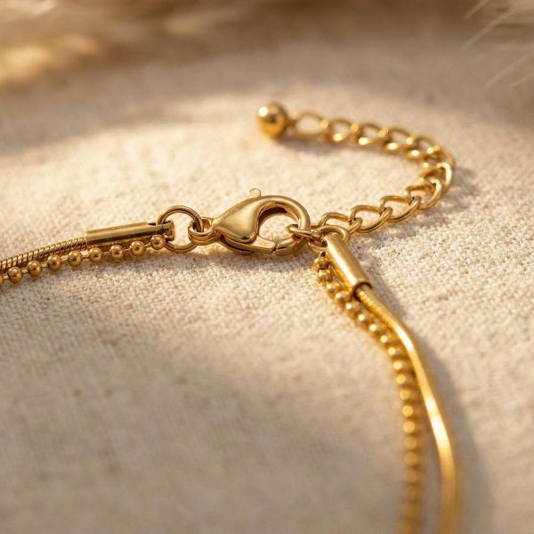 鈦鋼18K金 雙層圓珠蛇頸手鍊 