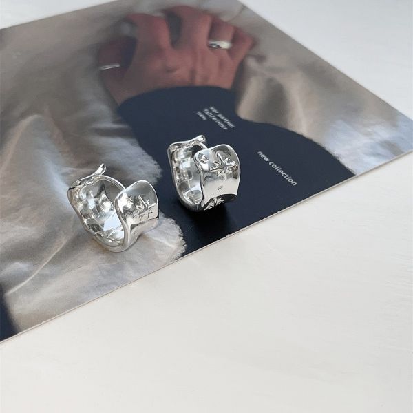 925銀針 寬版不規則立體八芒星耳扣 