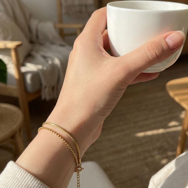 鈦鋼18K金 雙層圓珠蛇頸手鍊 