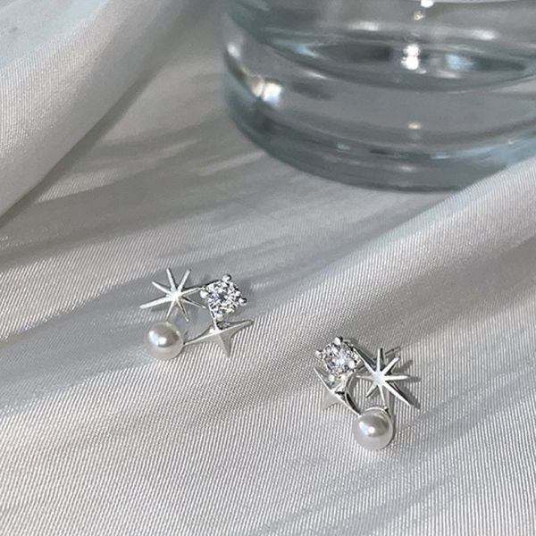 925銀針 鋯石八芒星珍珠耳環 