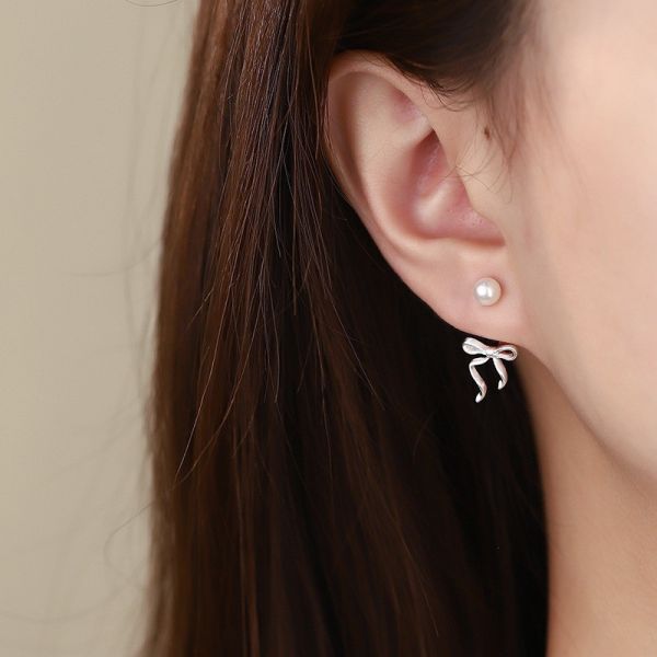 925純銀 珍珠蝴蝶結後掛耳環 