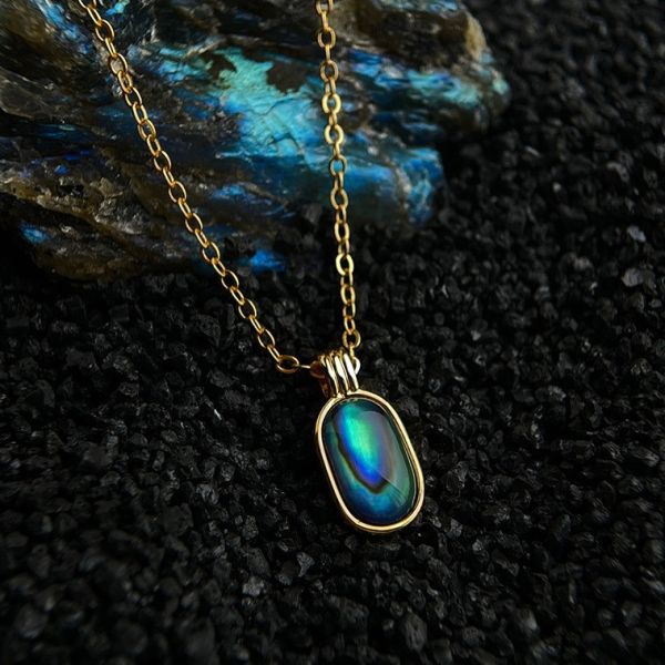 銅鍍14K金 鮑魚貝長方吊墜項鍊 