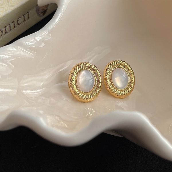 925銀針 文藝橢圓貝殼光澤耳環 