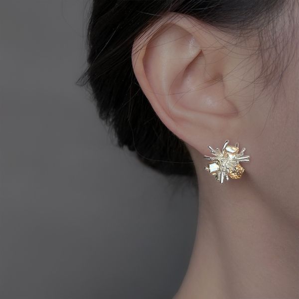 925銀針 淡金玻璃冰花耳環 