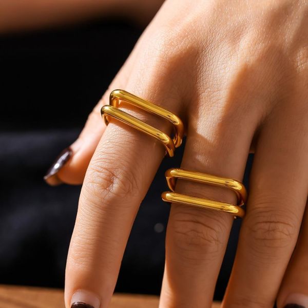 鈦鋼 個性雙層鏤空U型戒指 