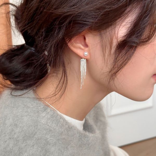 925銀針 珍珠後掛長流蘇耳環 