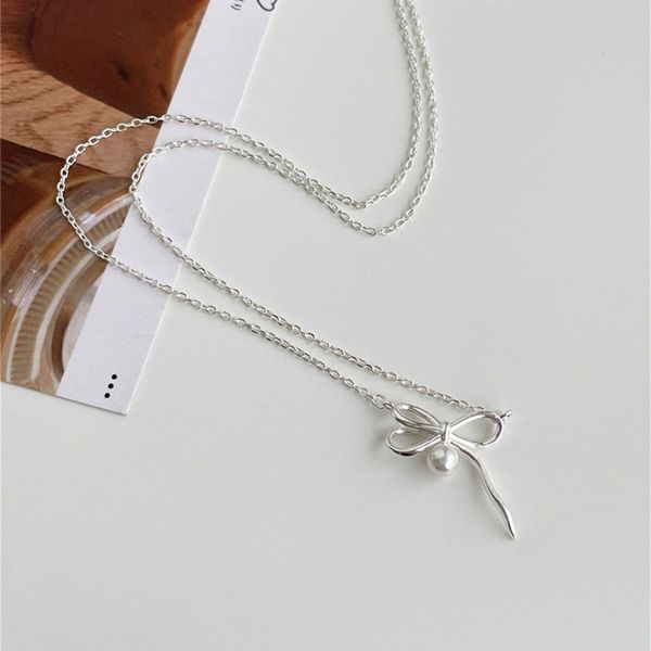 925純銀 不對稱珍珠蝴蝶結綁帶項鍊 