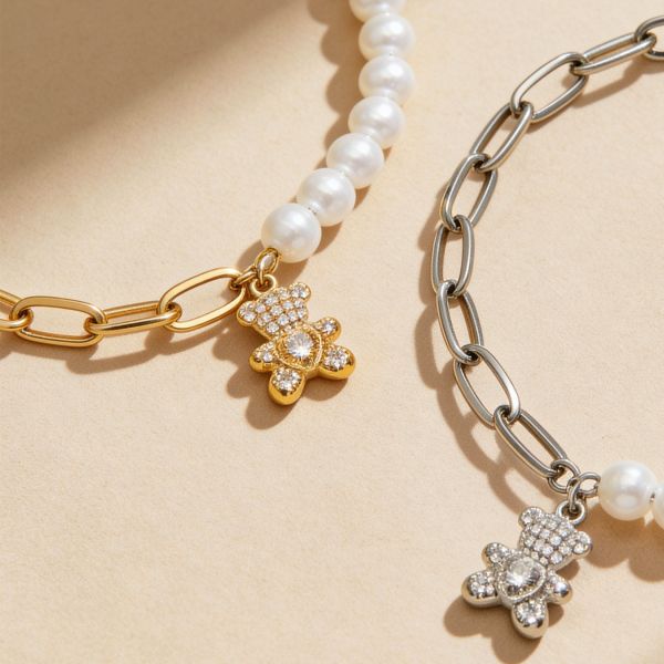 鈦鋼18K金 貝珠拼接愛心小熊手鍊 