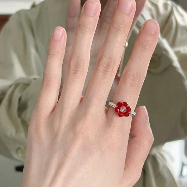 925純銀 串珠紅鋯石花朵彈性戒指 
