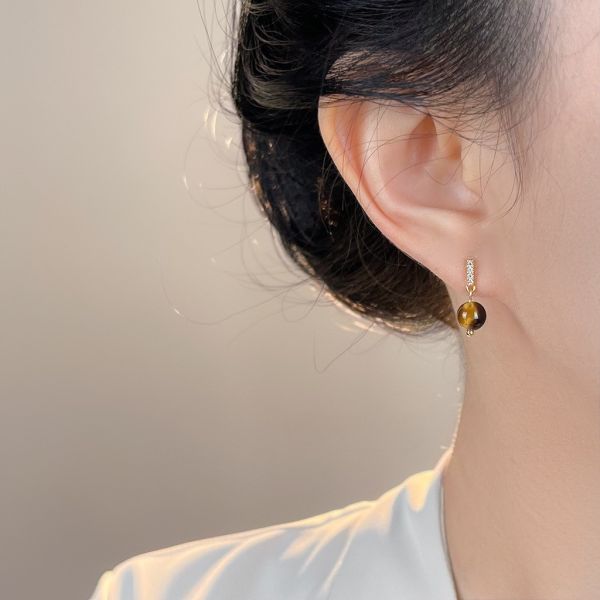 925銀針 微鑲鋯石虎眼石耳環 