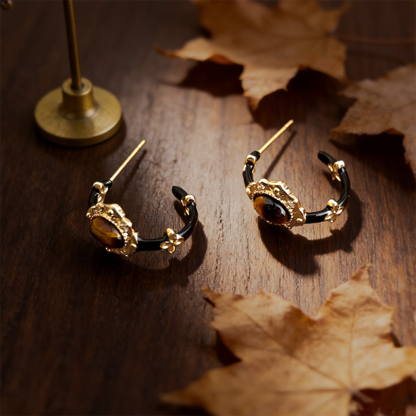 925銀針 珐瑯滴釉虎眼石C型耳環 