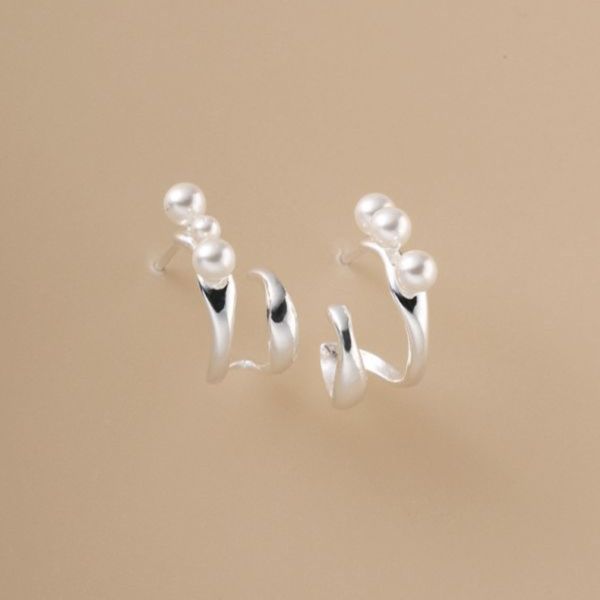 925純銀 雙層纏繞珍珠耳環 