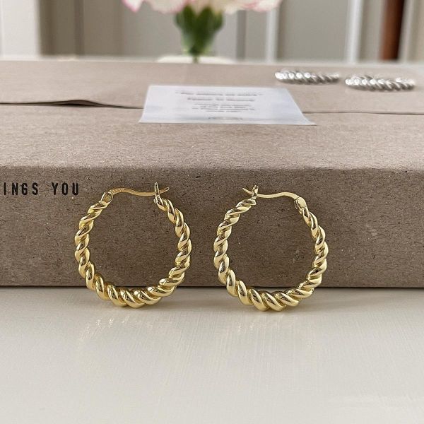 925銀針 復古粗麻花素圈耳扣 