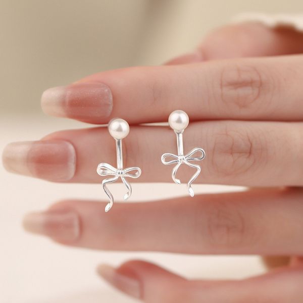 925純銀 珍珠蝴蝶結後掛耳環 