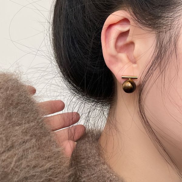 925銀針 一字虎斑色圓珠耳環 