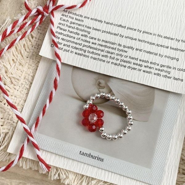 925純銀 串珠紅鋯石花朵彈性戒指 