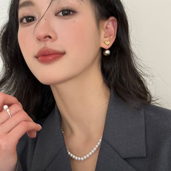 925銀針 法式復古金色愛心後掛式珍珠耳環 