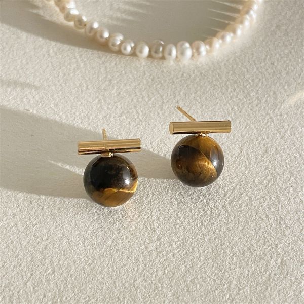 925銀針 一字虎斑色圓珠耳環 