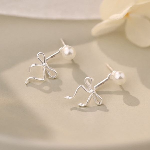 925純銀 珍珠蝴蝶結後掛耳環 