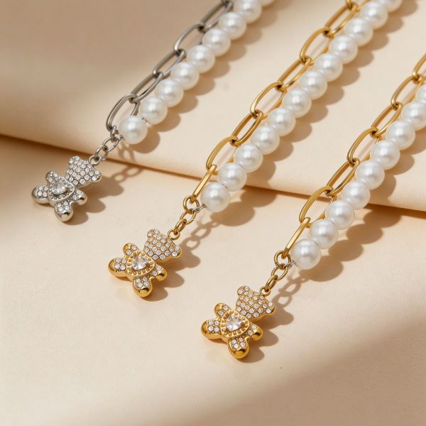 鈦鋼18K金 貝珠拼接愛心小熊手鍊 