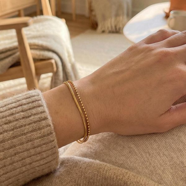 鈦鋼18K金 雙層圓珠蛇頸手鍊 