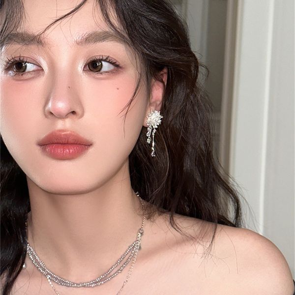 925銀針 不規則煙花鋯石流蘇耳環 