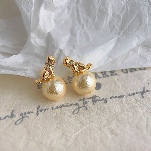 925銀針 棉花珍珠貓咪耳環 