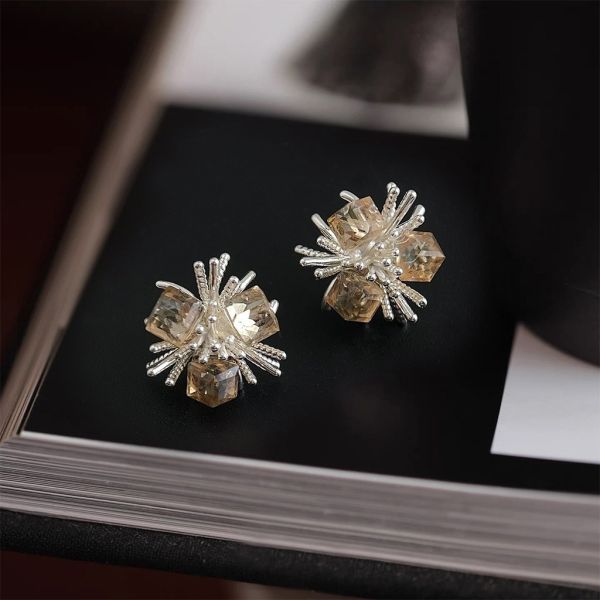 925銀針 淡金玻璃冰花耳環 