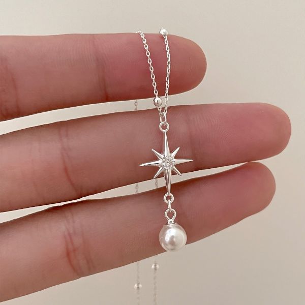 925純銀 八芒星珍珠流蘇吊墜項鍊 