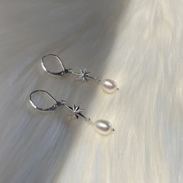 925銀針 八芒星珍珠吊墜耳扣 