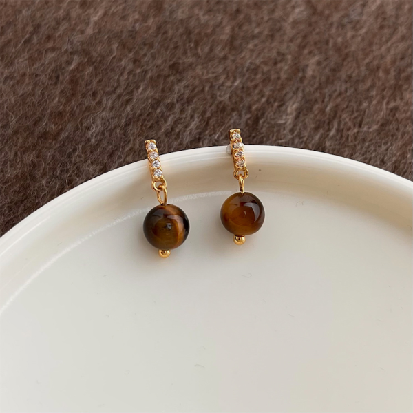 925銀針 微鑲鋯石虎眼石耳環 