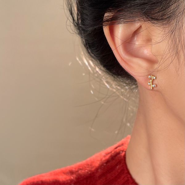 925銀針 高亮珍珠14K樹枝小耳環 