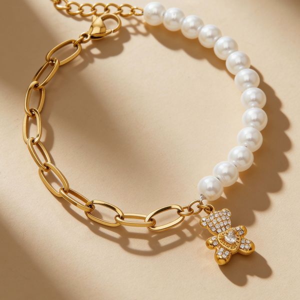 鈦鋼18K金 貝珠拼接愛心小熊手鍊 