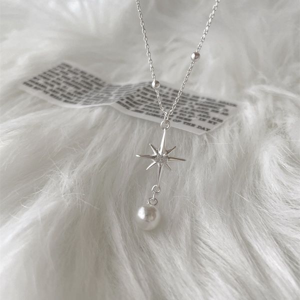 925純銀 八芒星珍珠流蘇吊墜項鍊 
