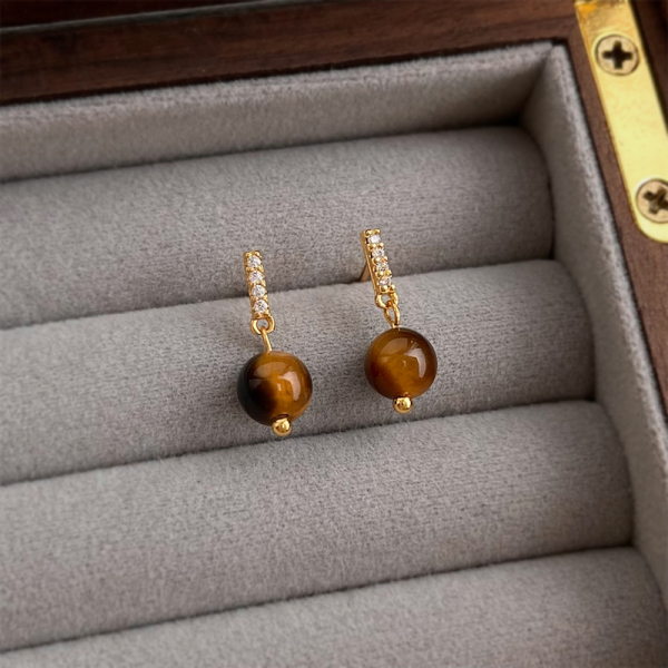 925銀針 微鑲鋯石虎眼石耳環 