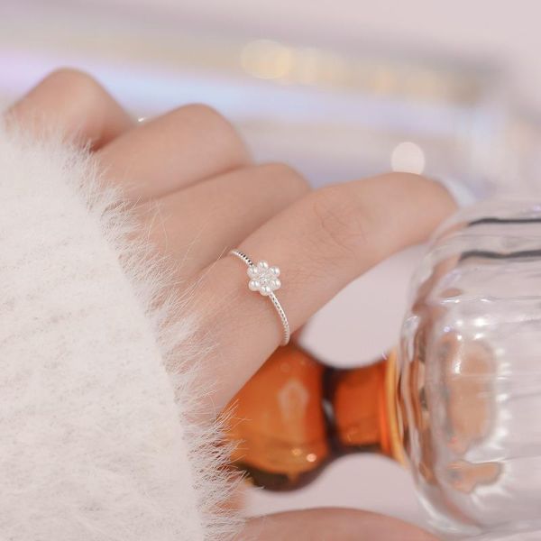 925純銀 珍珠微鑲鋯石小花戒指 