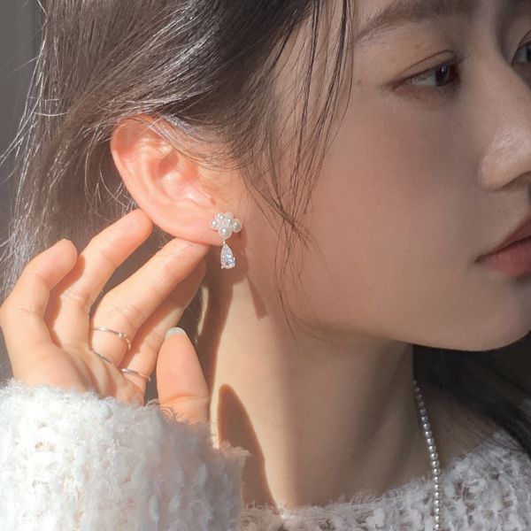925銀針 水滴鋯石珍珠耳環 