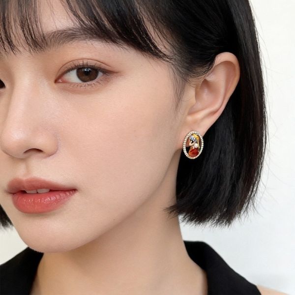 925銀針 微鑲鋯石珍珠少女彩繪耳環 