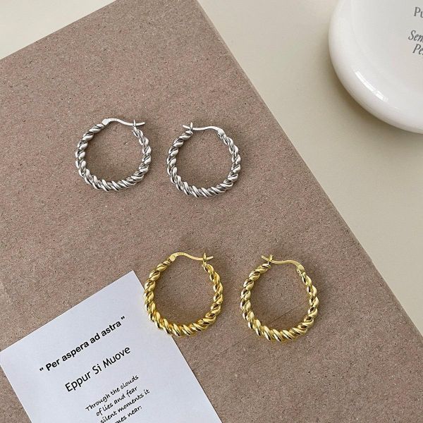 925銀針 復古粗麻花素圈耳扣 