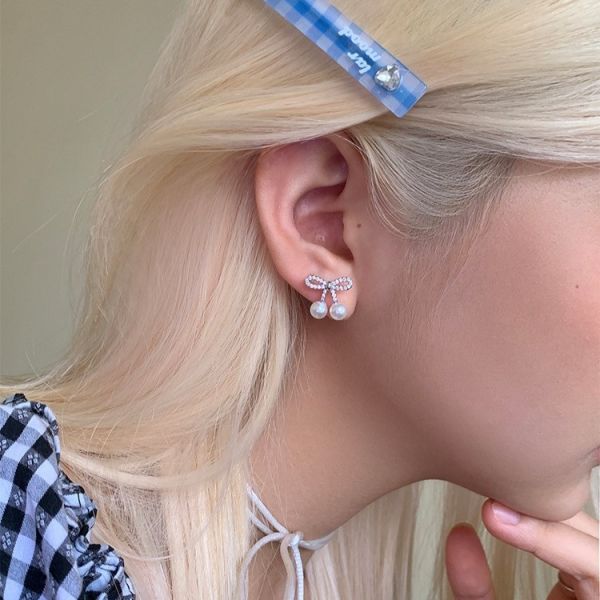 925銀針 微鑲鋯石珍珠櫻桃耳環 