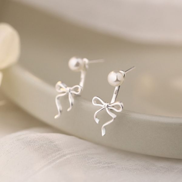 925純銀 珍珠蝴蝶結後掛耳環 
