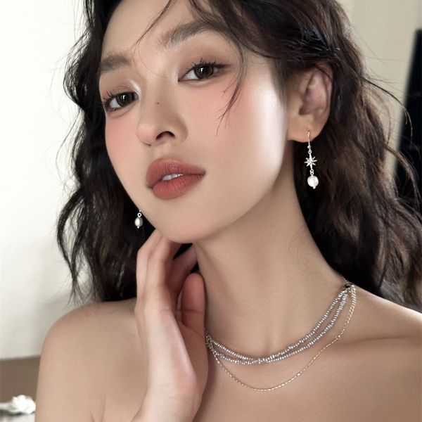 925銀針 八芒星珍珠吊墜耳扣 