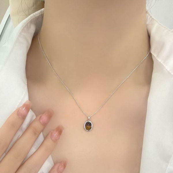 925純銀 橢圓虎眼石復古項鍊 