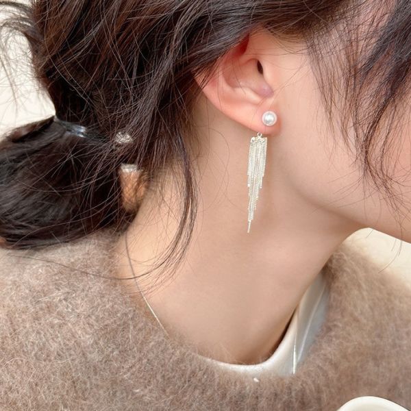925銀針 珍珠後掛長流蘇耳環 