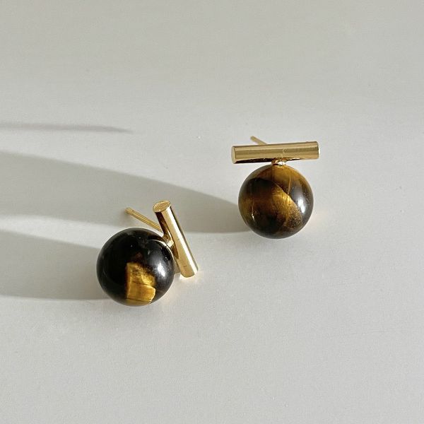 925銀針 一字虎斑色圓珠耳環 