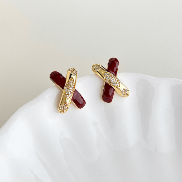 925銀針 微鑲鋯石紅棕X型耳環 