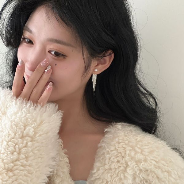 925銀針 珍珠後掛長流蘇耳環 