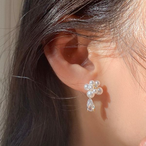 925銀針 水滴鋯石珍珠耳環 