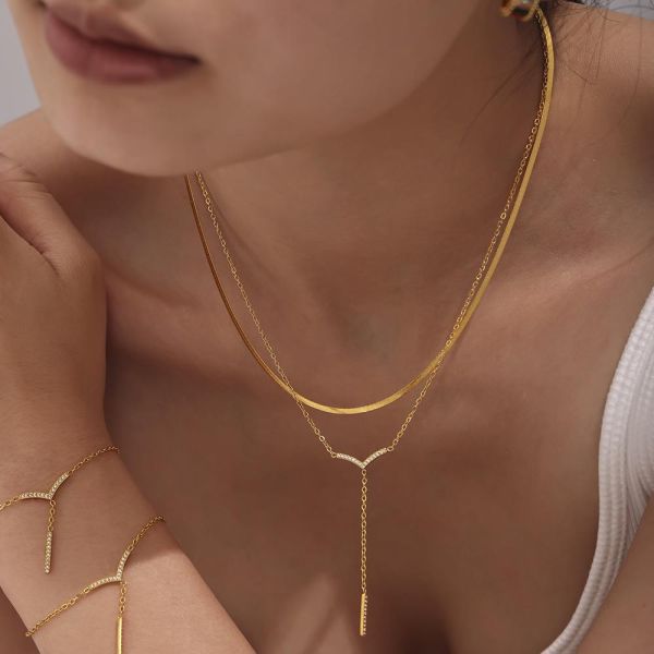 鈦鋼 V字鋯石長流蘇項鍊 